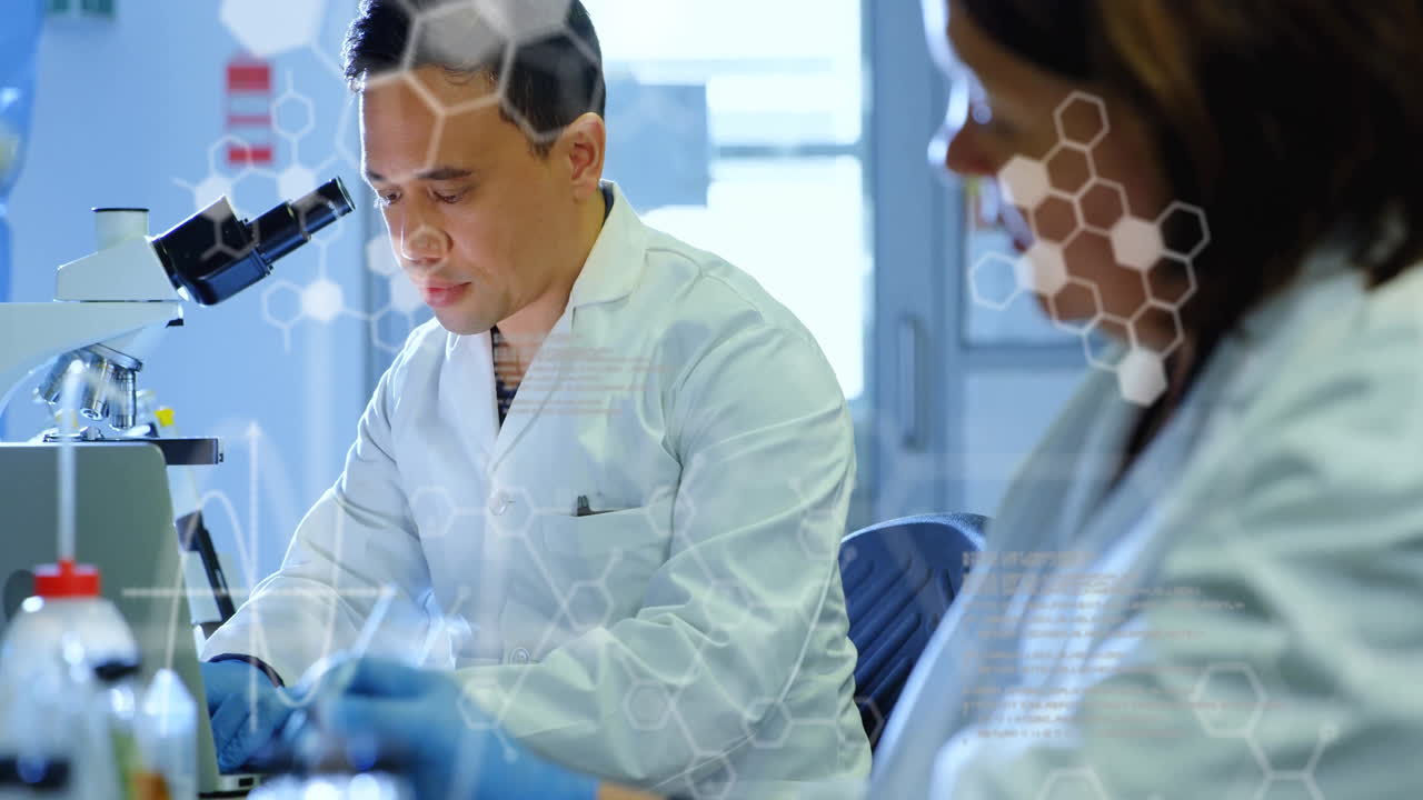Animation of chemical formula and data processing over diverse scientists doing experiments