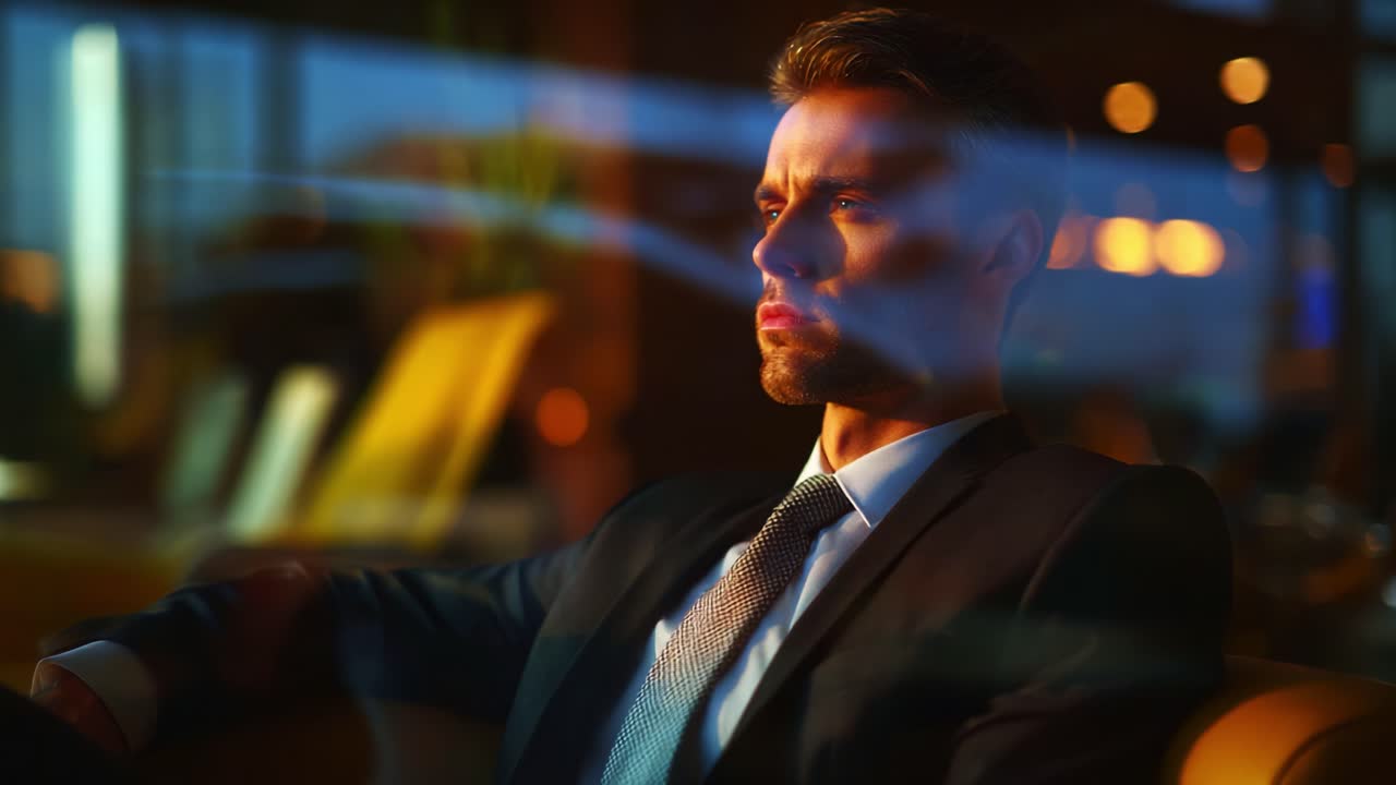 A contemplative man in a suit gazes thoughtfully through a window, embraced by reflections of light and shadow, conveying deep reflections on life and decision-making in a warm, sophisticated environment