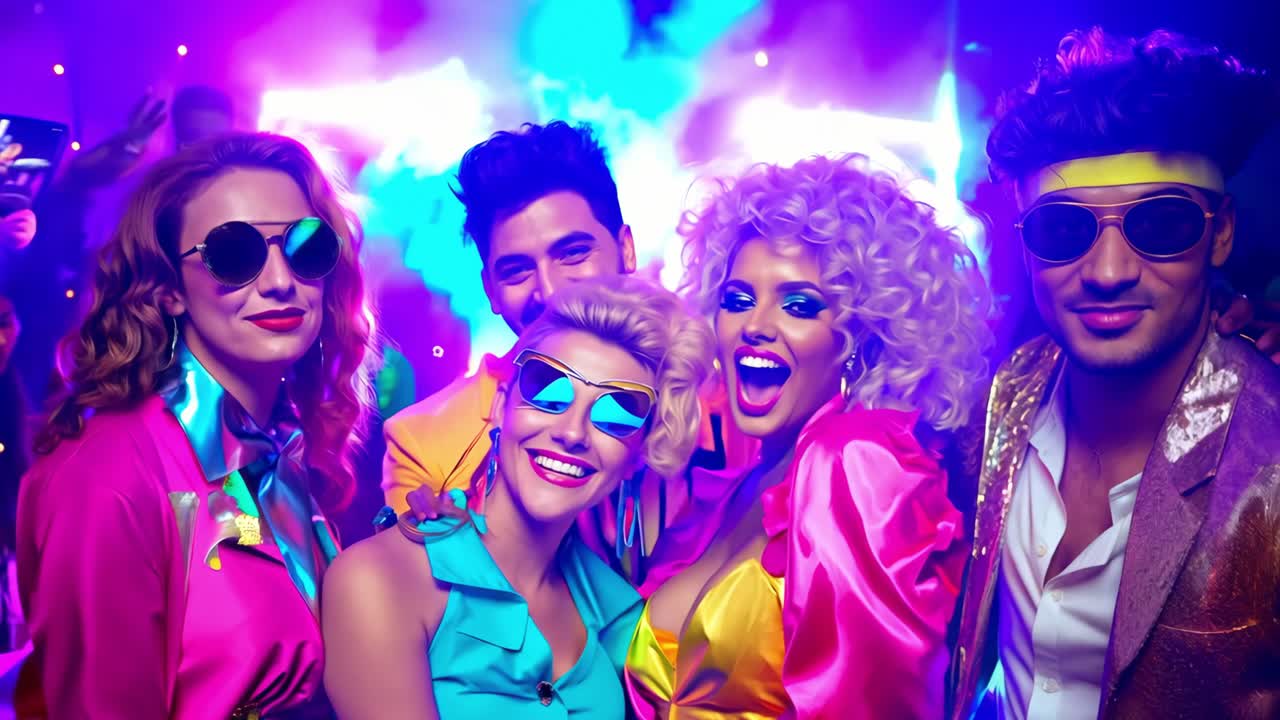 Vibrant group of friends in colorful 80s style outfits enjoying nightclub atmosphere, posing and smiling together during lively disco party celebration