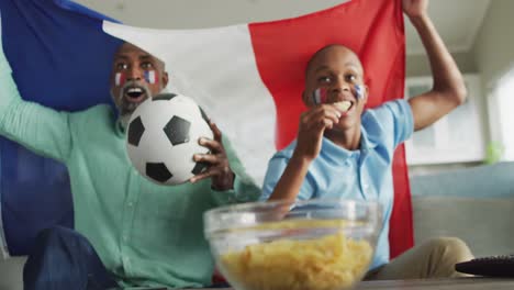Video-of-happy-african-american-father-and-son-with-soccer-ball-watching-match