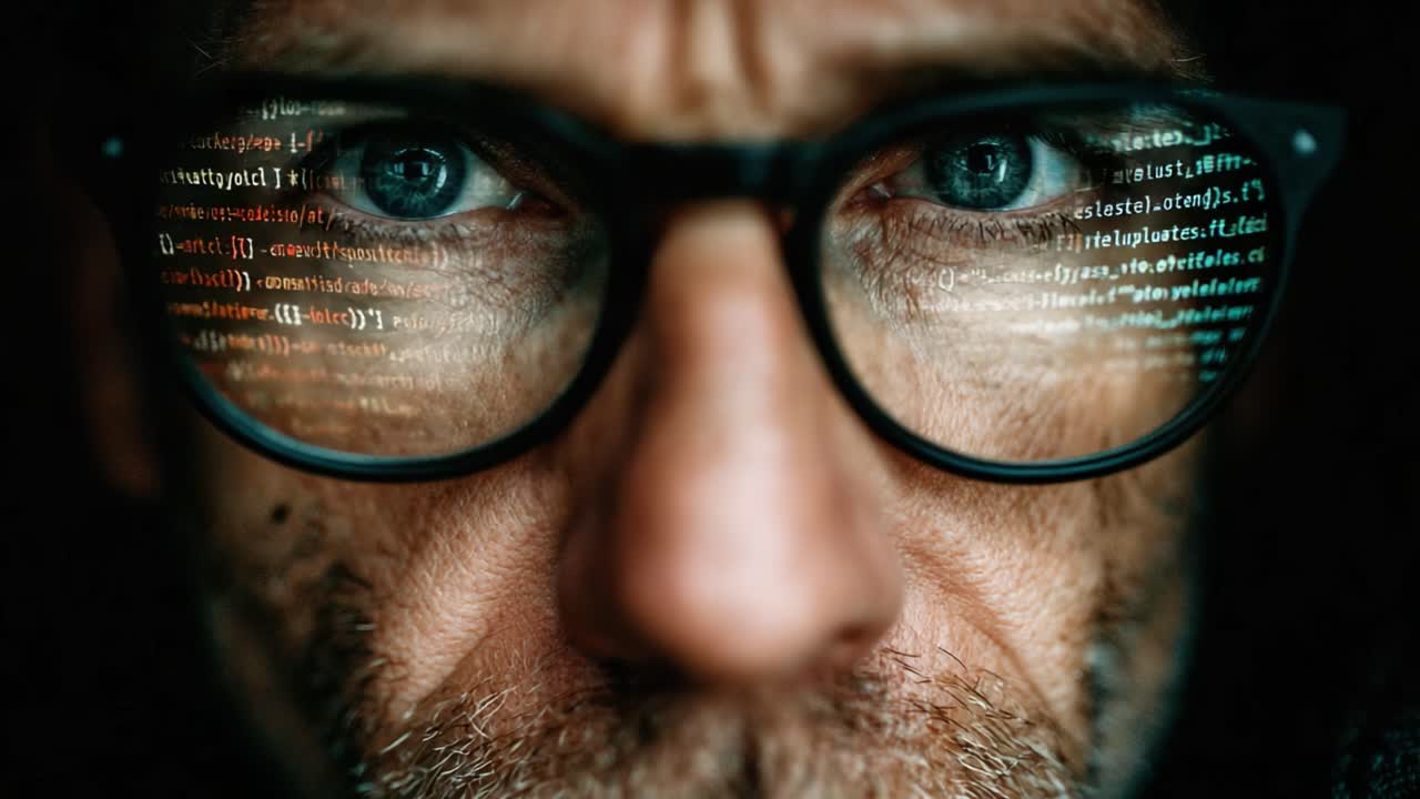A Close-Up Perspective of a Programmer's Intense Focus, Capturing the Intricacies of Code Reflections in Stylish Glasses, Symbolizing the World of Technology and Creativity