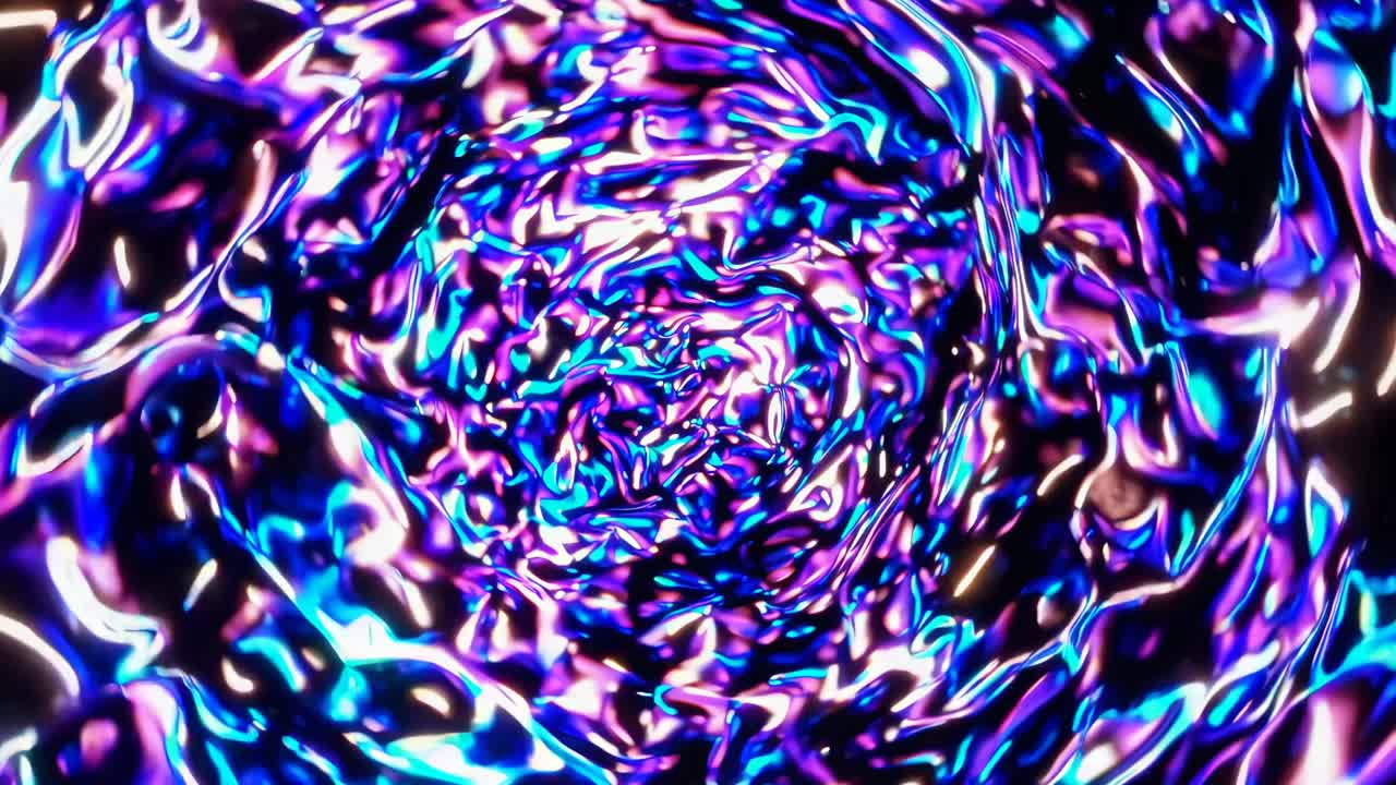 Abstraktní vířivé barvy s kovovým leskem, zachycené z úhlu shora, vytvářející hypnotický