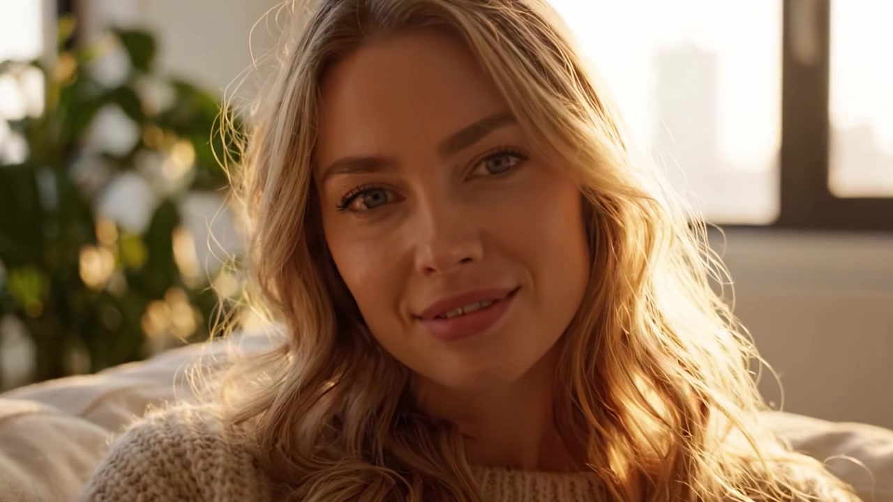 Una tarde cálida y acogedora: Capturando momentos de serenidad y alegría con una mujer elegante bajo luz natural