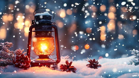 A lantern is lit in the snow, creating a warm and cozy atmosphere. The lantern is surrounded by pine cones, adding a touch of nature to the scene.
