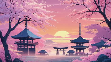 serene japanese landscape with cherry blossoms and traditional pagodas at sunset