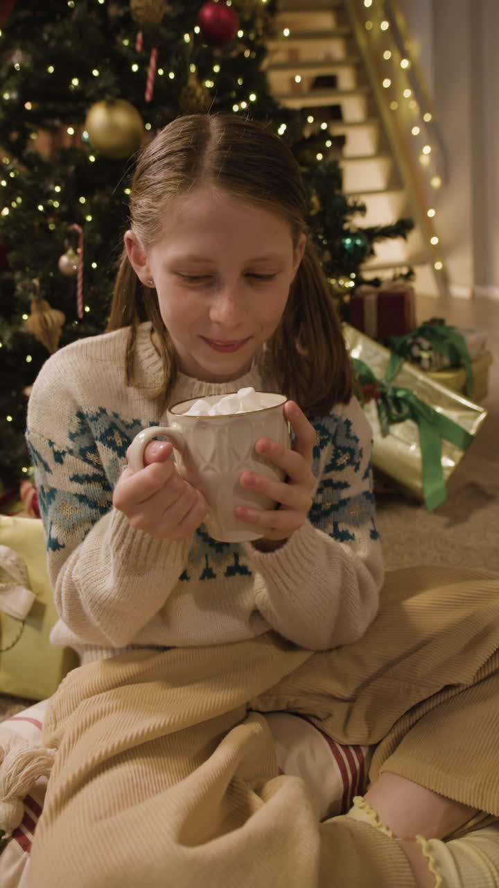 Ragazza che si gusta una cioccolata calda a Natale