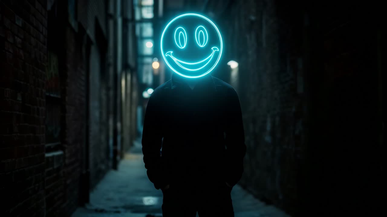 persona con una máscara de rostro sonriente de neón en un callejón oscuro