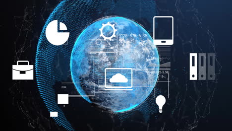 animation of data processing over media icons and globe