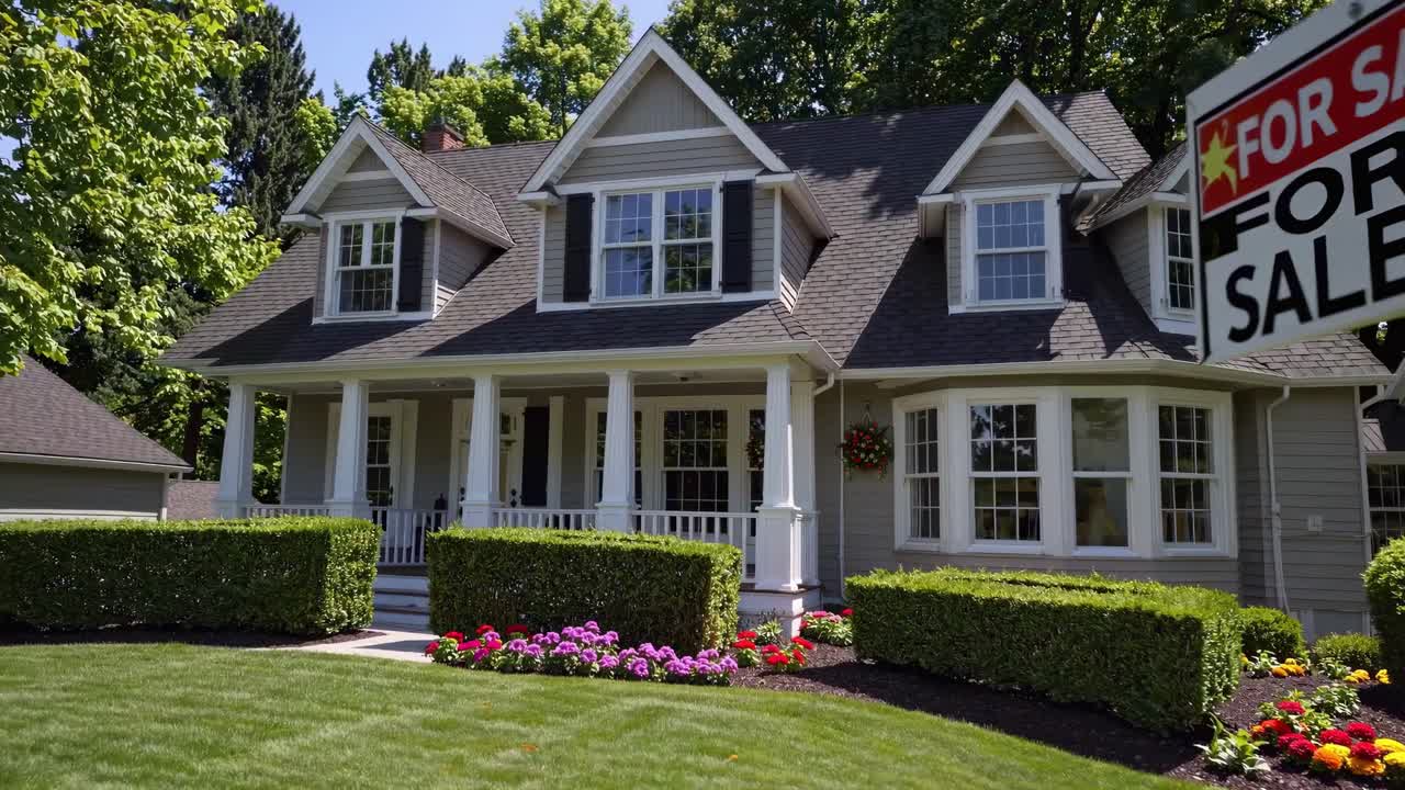 Wide-angle shot of a charming suburban house with a 'For Sale' sign, surrounded by lush greenery