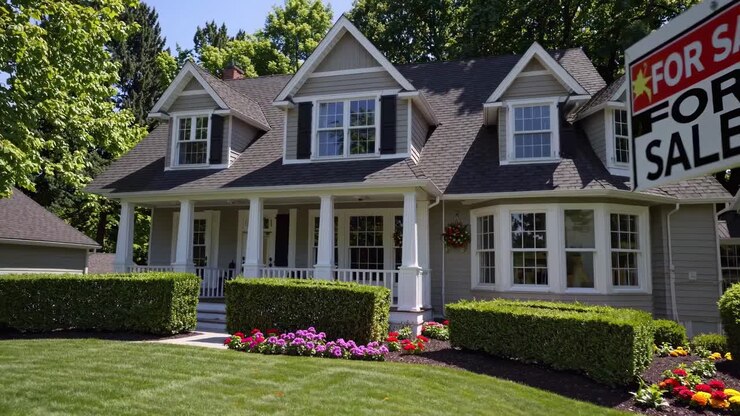 Wide-angle shot of a charming suburban house with a 'For Sale' sign, surrounded by lush greenery