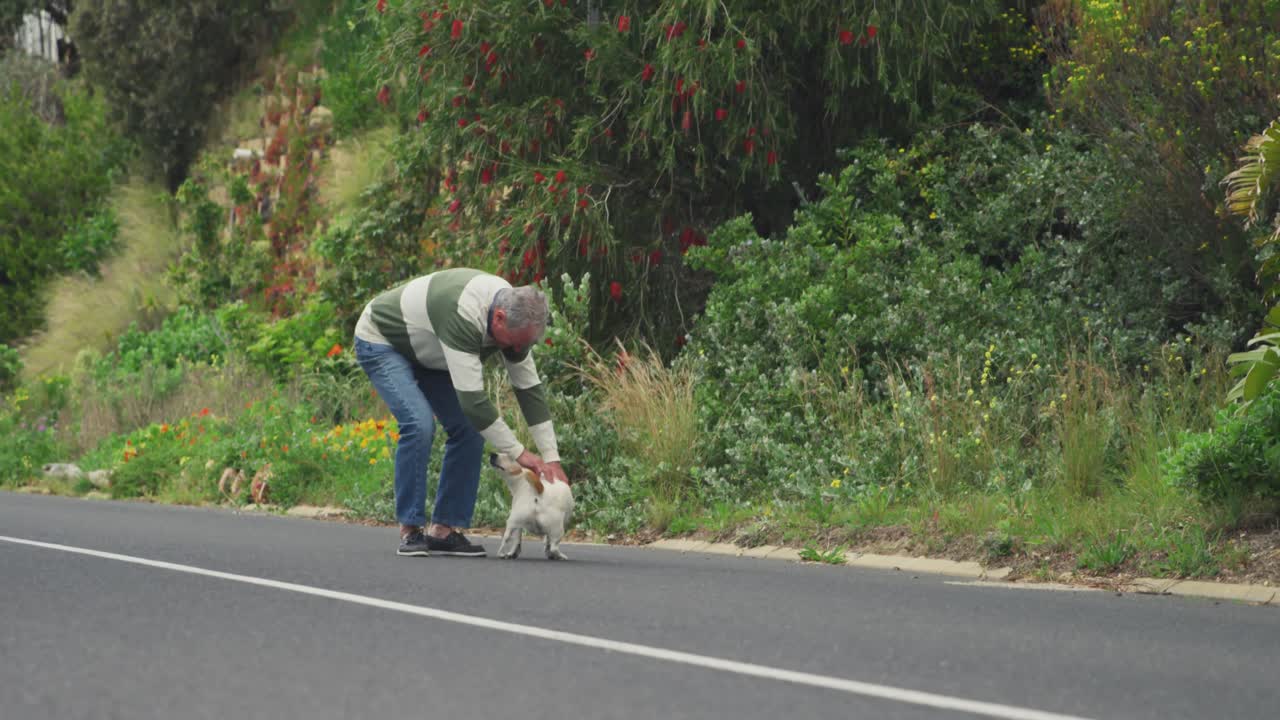 길거리에서 개와 함께 있는 고령자