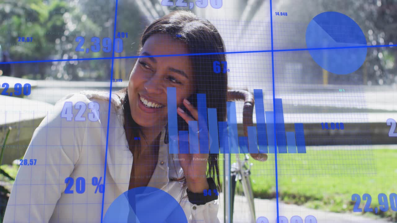 Adult woman taking call to chat, holding phone and laughing on bench, tech charts overlaying frame