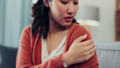 pain, injury and hand of a woman with arm cramp