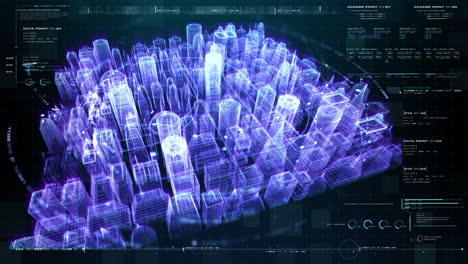 Pantalla-Frontal-Futurista-Ciudad-Holográfica-Imagen-Generada-Digitalmente-Partículas-De-Matriz-De-Realidad-Virtual-En-El-Entorno-De-Fondo-Del-Ciberespacio