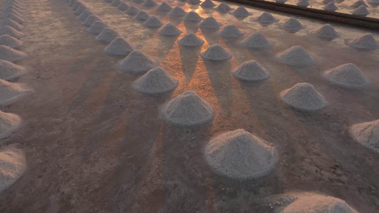 Droneoptagelse af saltfarm med høstet salt ved solnedgang, Thailand