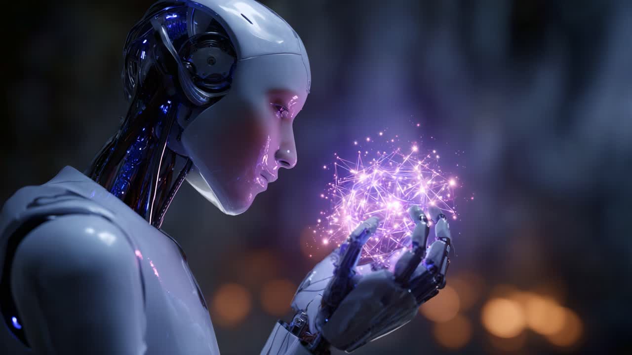 Un androide futuristico contempla una sfera di energia luminosa, fondendo tecnologia con un senso di meraviglia ed esplorazione in una scena digitale visivamente accattivante