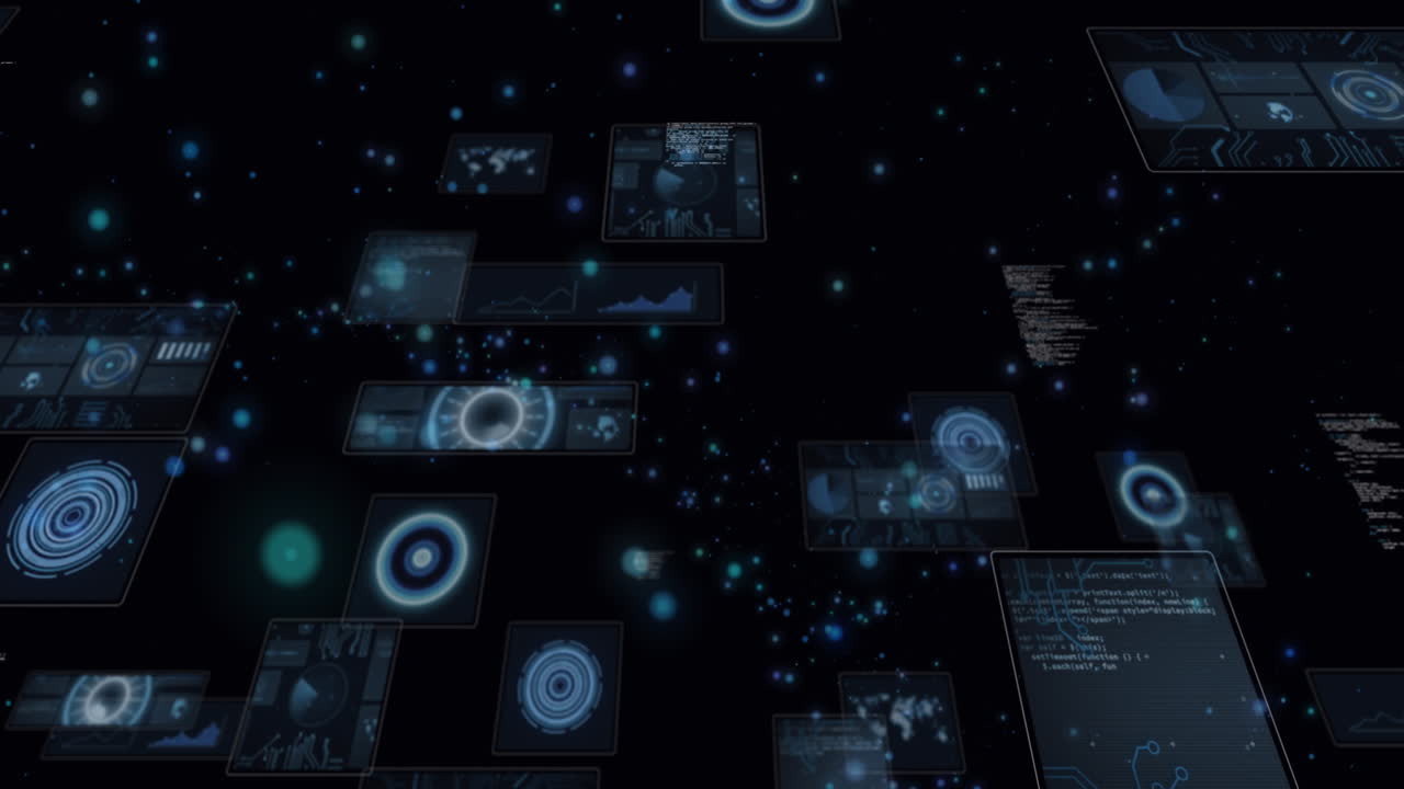 Animation of glowing blue spots of light over round scanners and data processing on black background