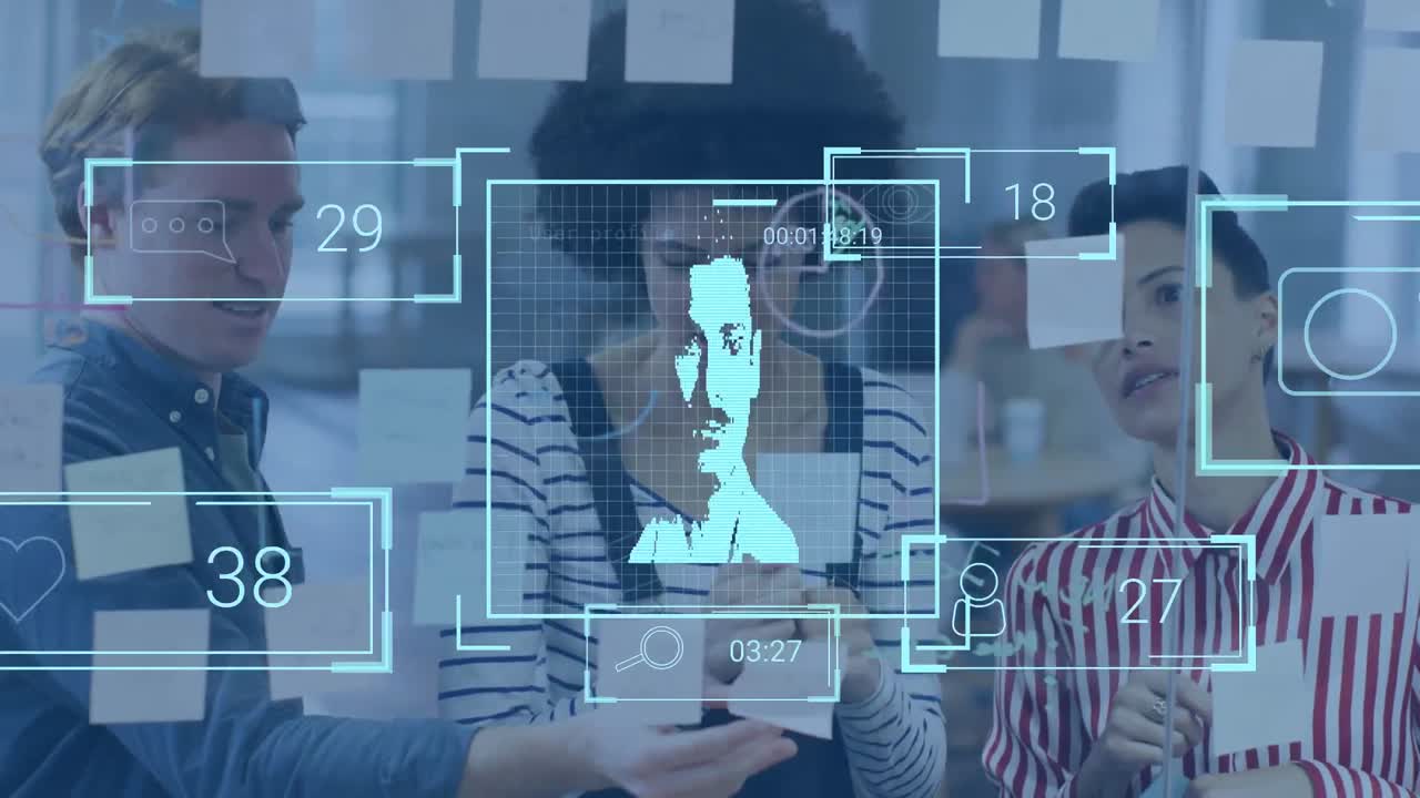 animación del procesamiento de datos con retratos de personas y números crecientes sobre diversas personas de negocios