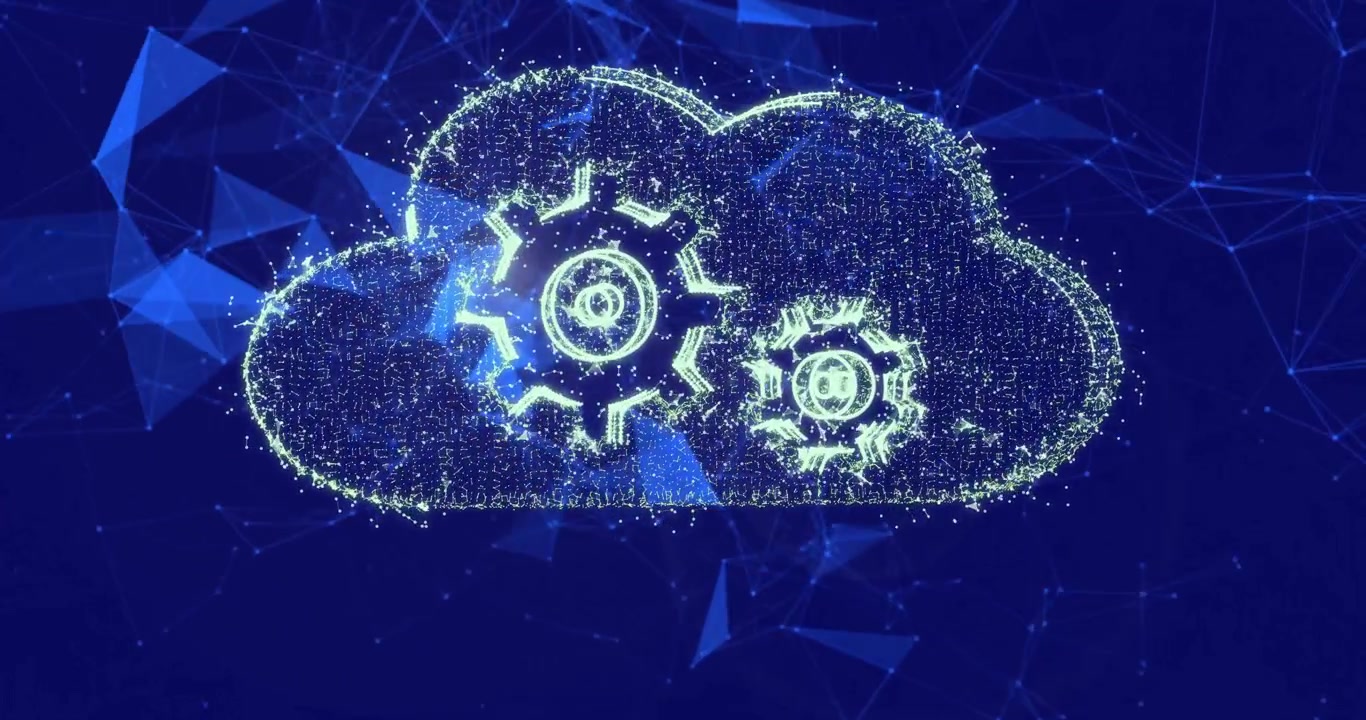 Scattered glowing nodes coalescing into column, diffusing into particles sculpting cloud gear icon