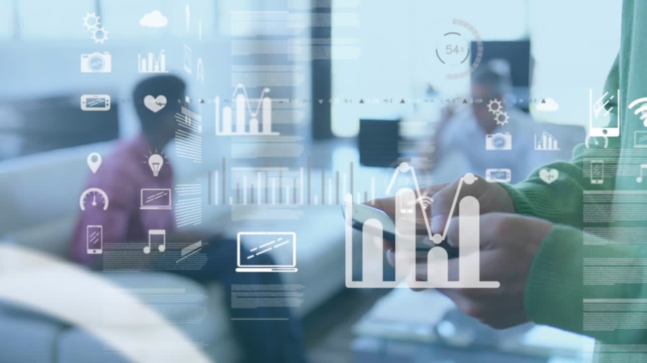 Animation of interface with data processing over mid section of a man using smartphone at office