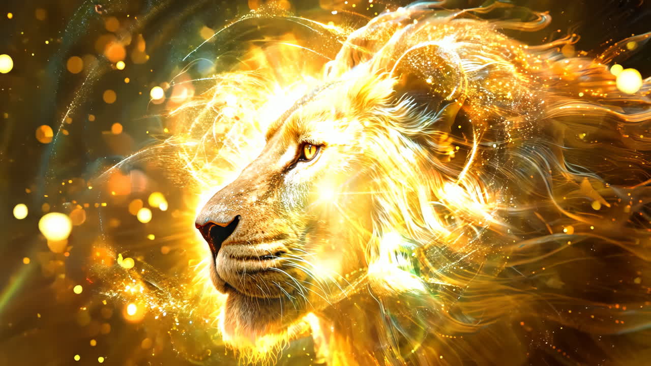 A lion with a golden mane and glowing eyes. The lion is surrounded by a lot of sparkles and fire, giving the image a mystical and magical feel