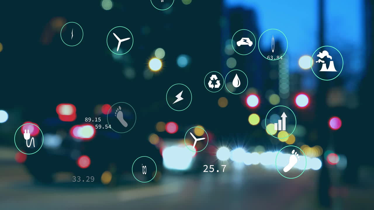 디지털 아이콘의 애니메이션과 도로에 있는 자동차에 대한 데이터 처리