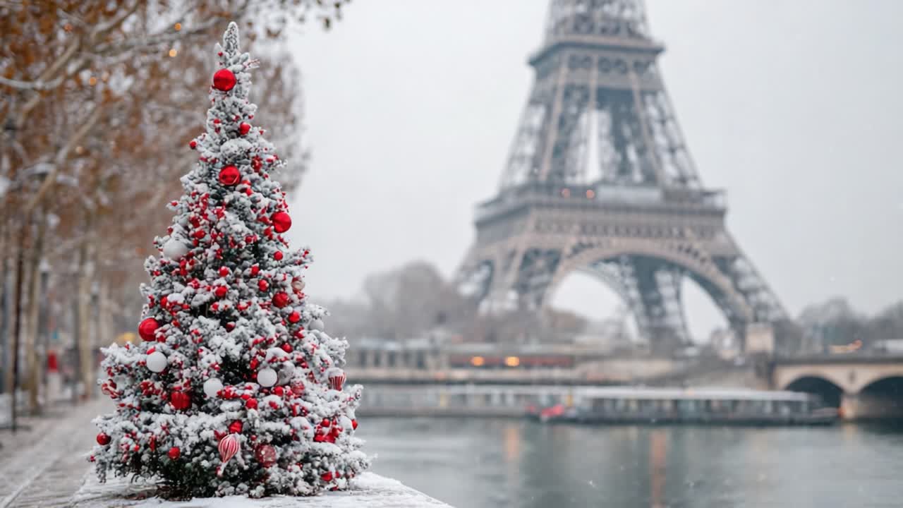 Una splendida scena invernale con un albero di Natale innevato, decorato con ornamenti rossi, di fronte all'iconica Torre Eiffel a Parigi durante una leggera nevicata