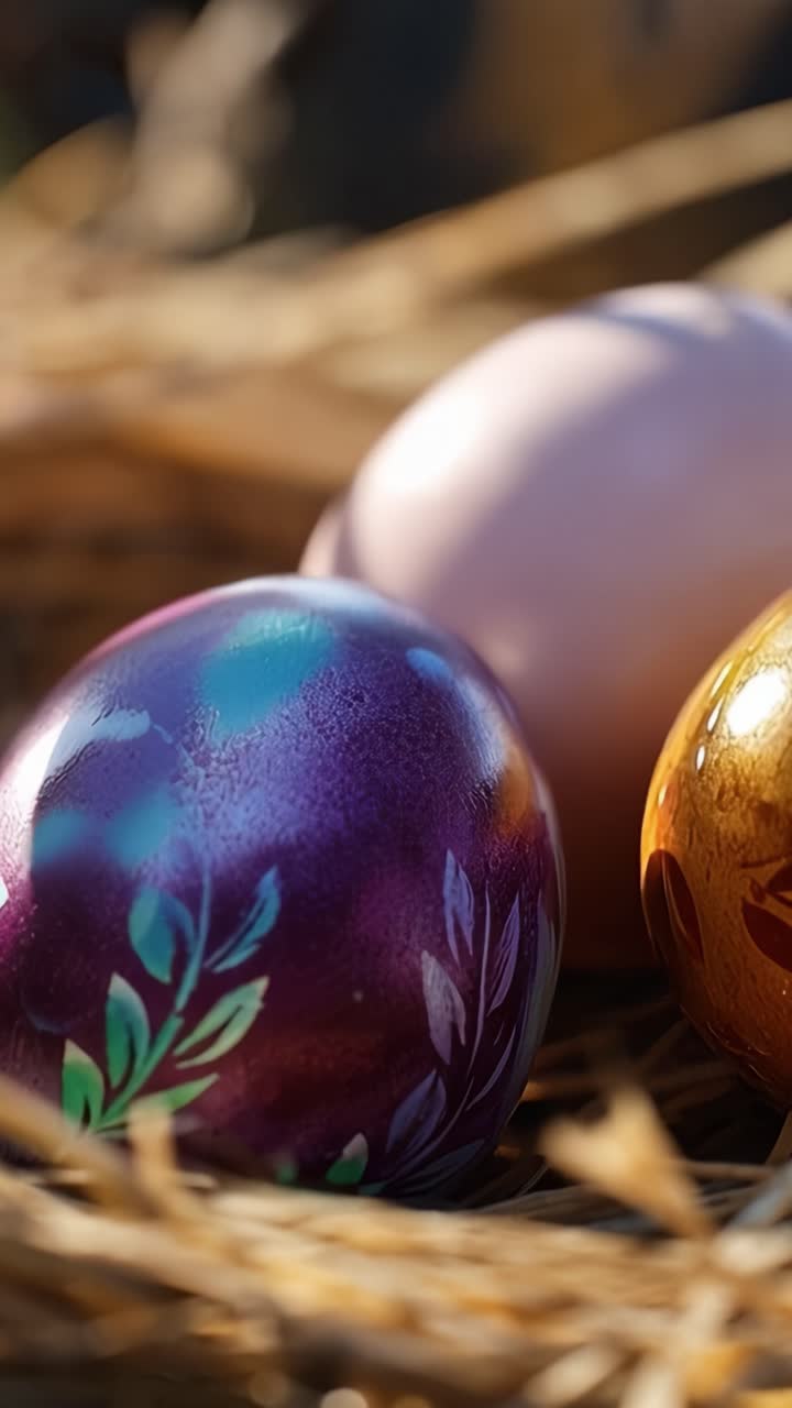 Vibrant Decorative Eggs Nestled in Straw, Showcasing Intricate Designs and Rich Colors, Perfect for Spring Celebrations and Festive Decor