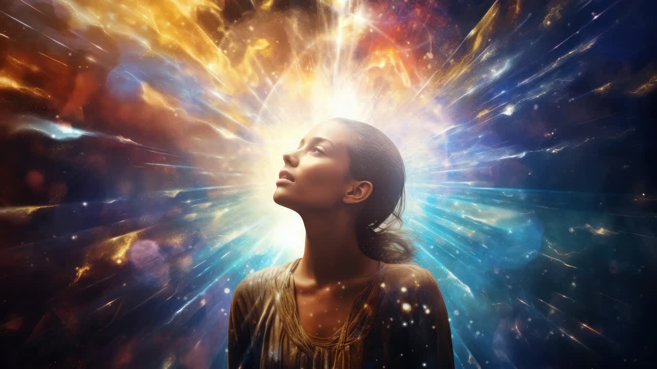 A surreal video concept featuring a woman in profile with a cosmic explosion backdrop