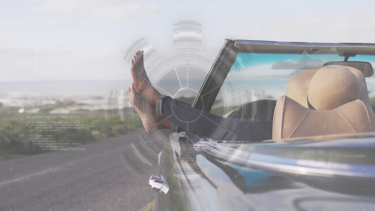 Woman passenger resting feet on door car moving along coast HUD overlay pulsing over legs traveling