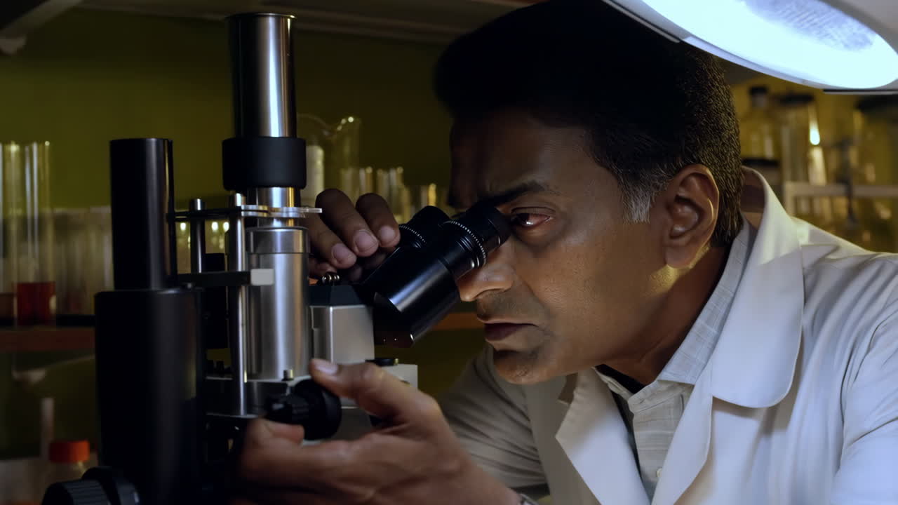 A scientist intently looks into a microscope in a laboratory