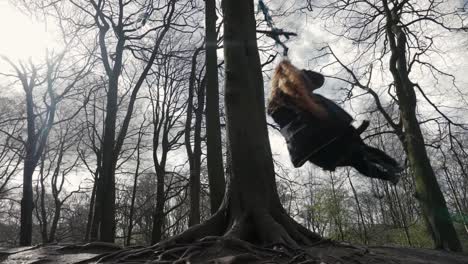 pretty young woman swinging on rope swing in british woodland