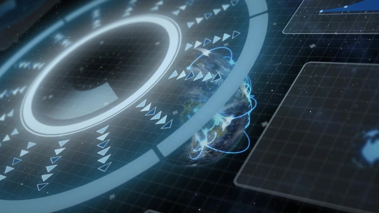 Holo ring HUD activating by pulse, rotating as arrows moving inward, globe showing orbital data