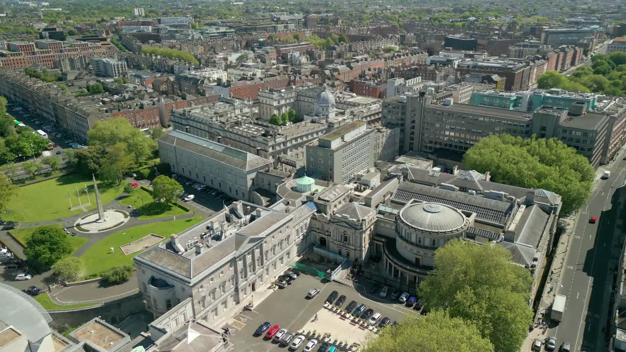 Wide overhead aerial video of the Seanad Éireann in Dublin City Centre, Ireland on a sunny day. Filmed in 4K, 60FPS with Rec709 Color.