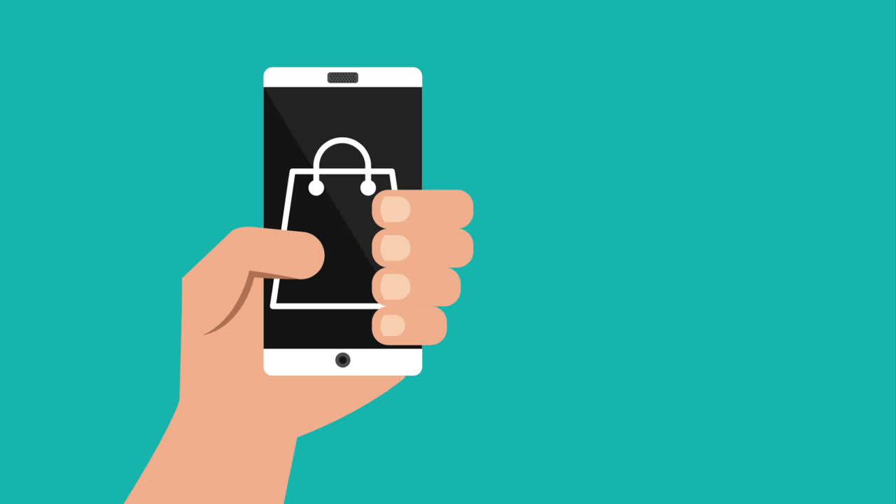 Mano che tiene uno smartphone con icona di shopping bag