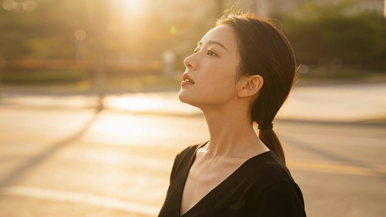 黒いVネックを着てポニーテールにした女性が、舗装された場所で顎を引き右を向く。背後には太陽がまぶしく輝いている。