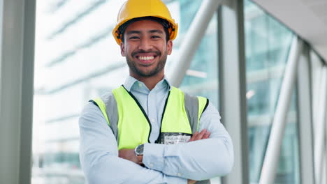 Cara,-Ingeniero-Feliz-Y-Hombre-Asiático-Con-Brazos.