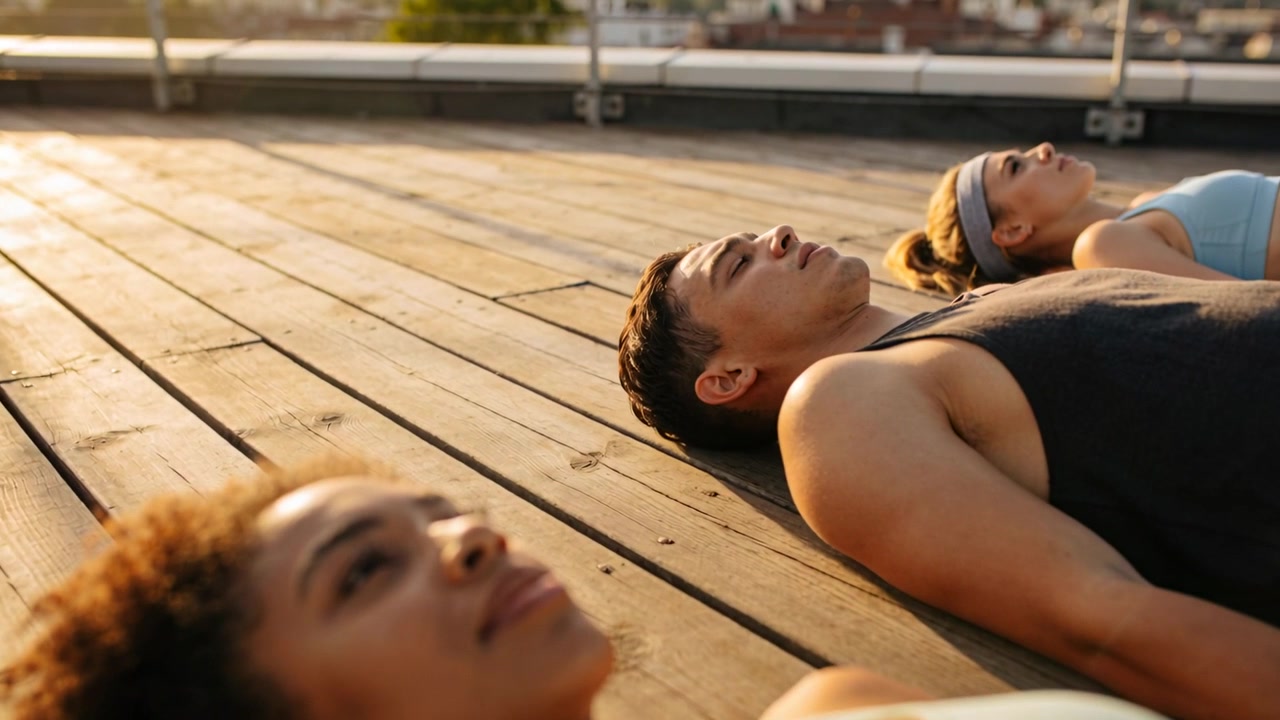 Lying three adults breathing on rooftop deck, cooling after workout in sportswear with mats