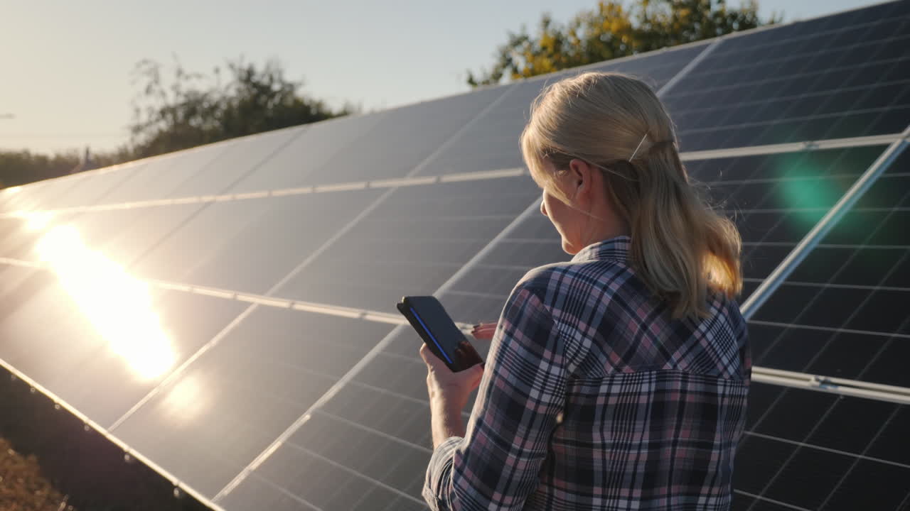 mujer con teléfono inteligente va acuario paneles solares en casa planta de energía solar