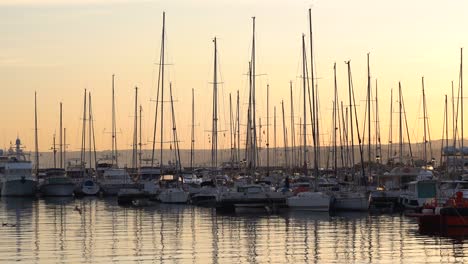 Muchos-Yates-De-Vela-Estacionados-Dentro-Del-Puerto-De-Barcos-Durante-La-Hermosa-Puesta-De-Sol