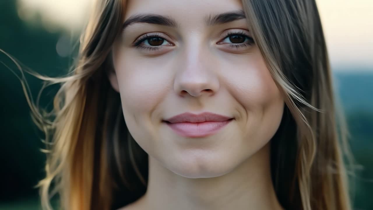cerca captura a una mujer joven sonriendo suavemente, mostrando sus encantadores hoyuelos. su expresión alegre irradia felicidad, destacando su belleza natural y piel sana