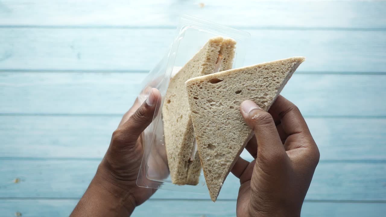 Hand holding a packaged sandwich