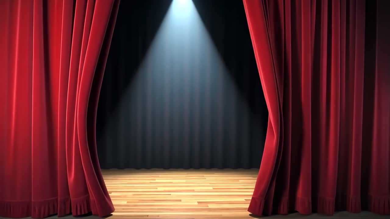 Um frame de vídeo de um palco vazio com cortinas vermelhas e holofote