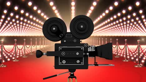 Movie-film-camera-with-flashing-lights-and-red-carpet