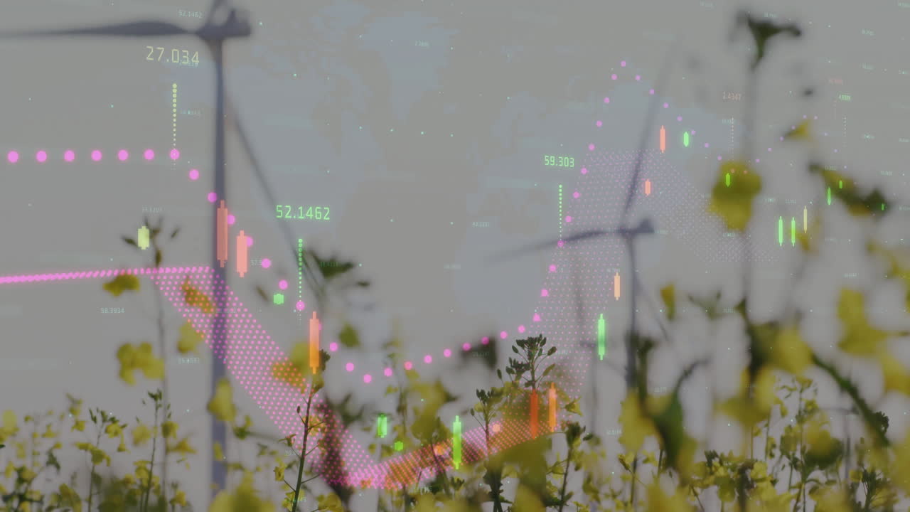 Wind turbines and flowers with financial data processing animation overlay