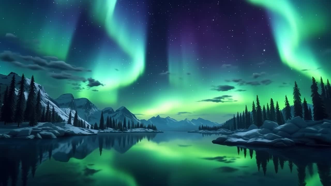 A mesmerizing wide-angle video shot of the Northern Lights over a tranquil lake, reflecting vibrant