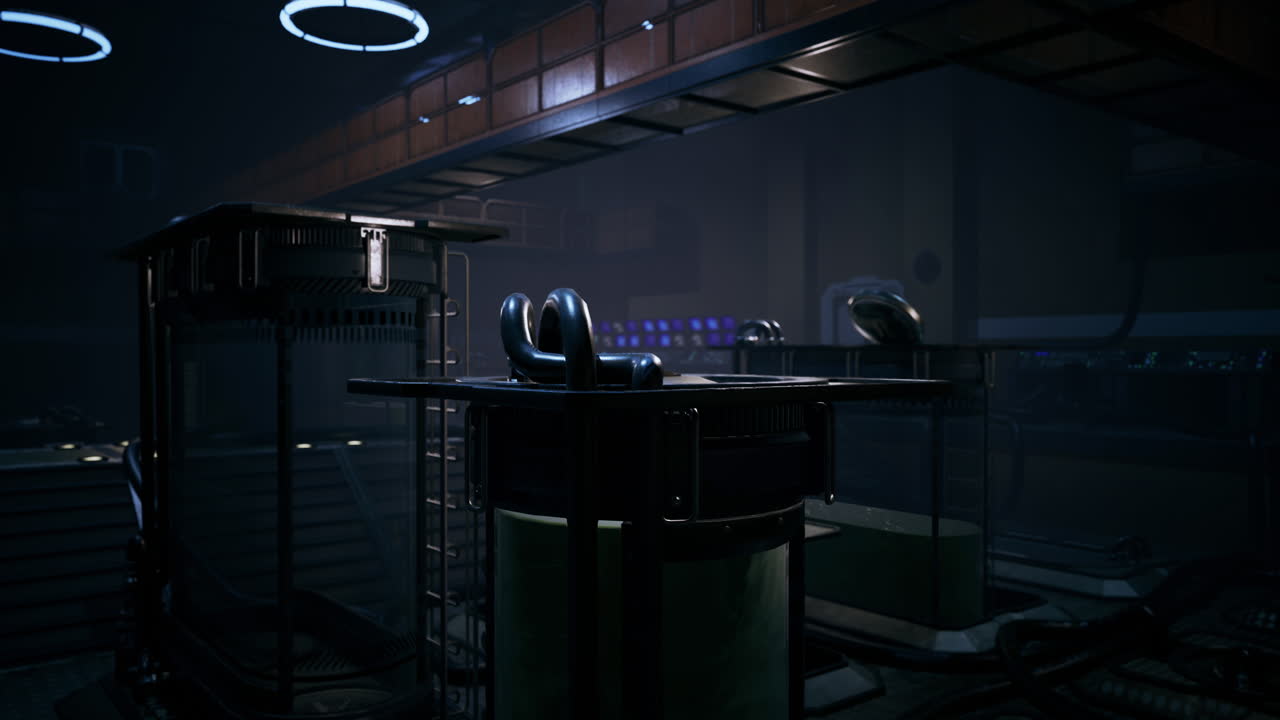 Dark and eerie laboratory setting with high tech equipment in use