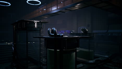 dark and eerie laboratory setting with high tech equipment in use