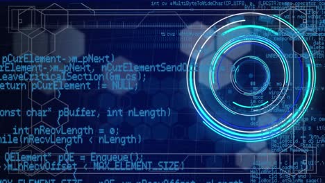 Animation-of-neon-round-scanner-and-data-processing-against-hexagonal-shapes-on-blue-background