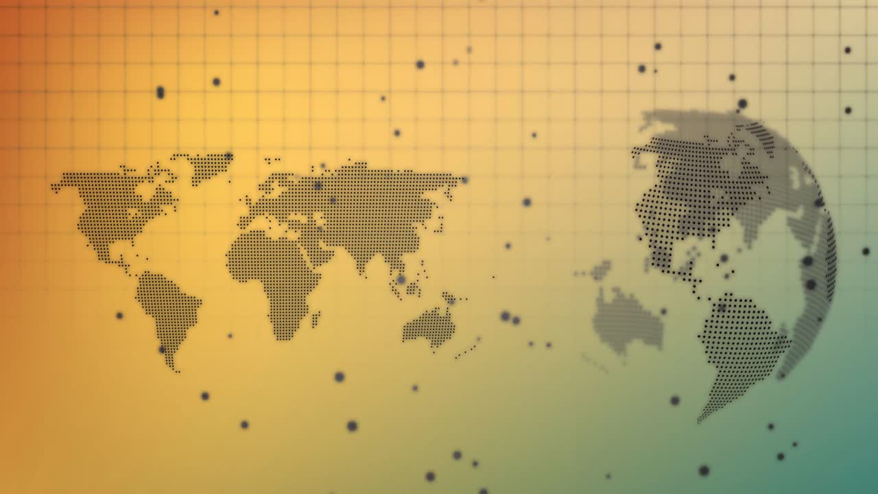 animación de puntos negros sobre el mapa del mundo y el globo giratorio contra un fondo de gradiente naranja